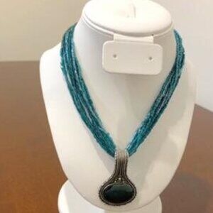 Green Beaded Silver Tone Statement Pendant Pre-Owned.